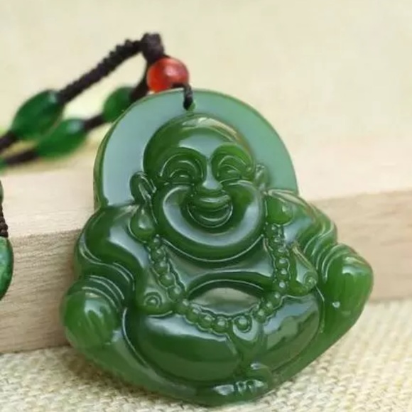 Green jade carved happy Buddha necklace - Picture 2 of 6